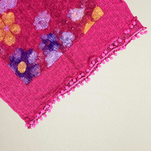 Pink floral scarf with pom pom trim, bohemian hippie retro boho chic Y2K groovy - Picture 6 of 9